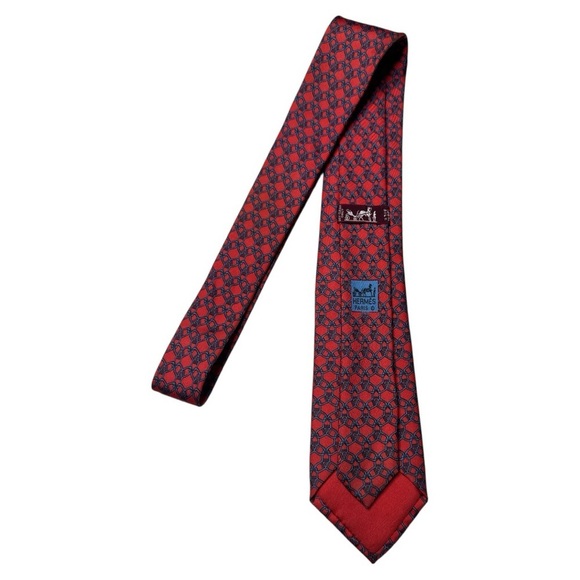 HERMÈS Paris Geometric Link Red and Blue Pattern 7075 OA Silk Tie - Picture 4 of 8